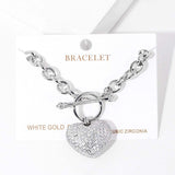 White Gold Dipped CZ Pave Heart Charm Toggle Bracelet - Madeline Love - Flyclothing LLC