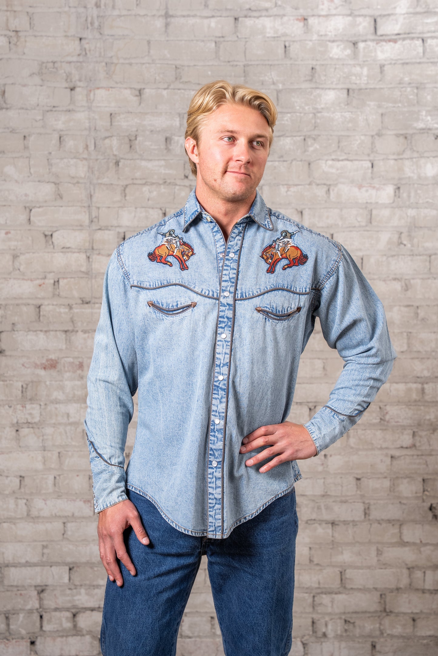 Rockmount Ranch Wear Men's Denim Iconic Bronc Embroidery Western Shirt - Rockmount Clothing - Flyclothing LLC