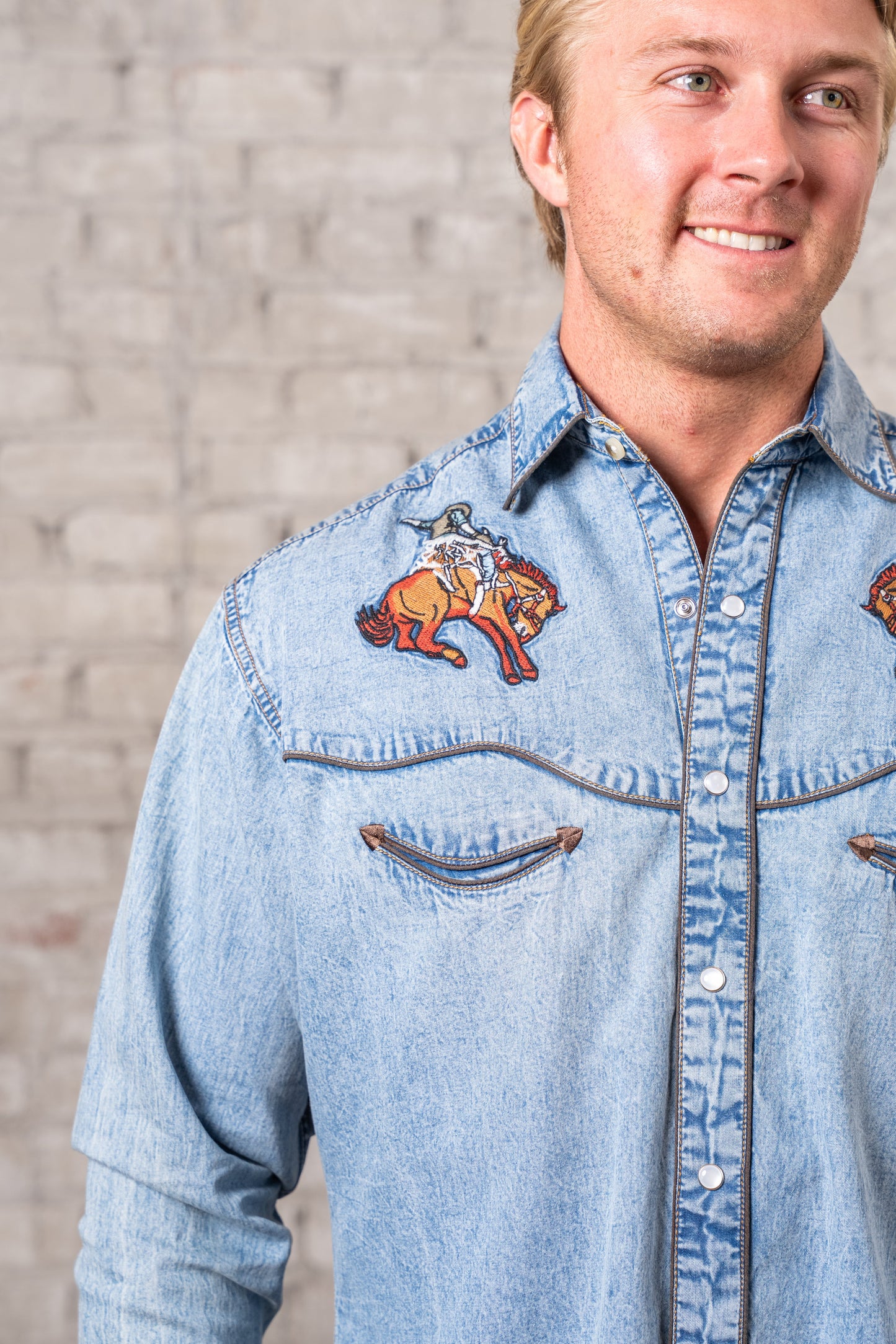 Rockmount Ranch Wear Men's Denim Iconic Bronc Embroidery Western Shirt - Rockmount Clothing - Flyclothing LLC