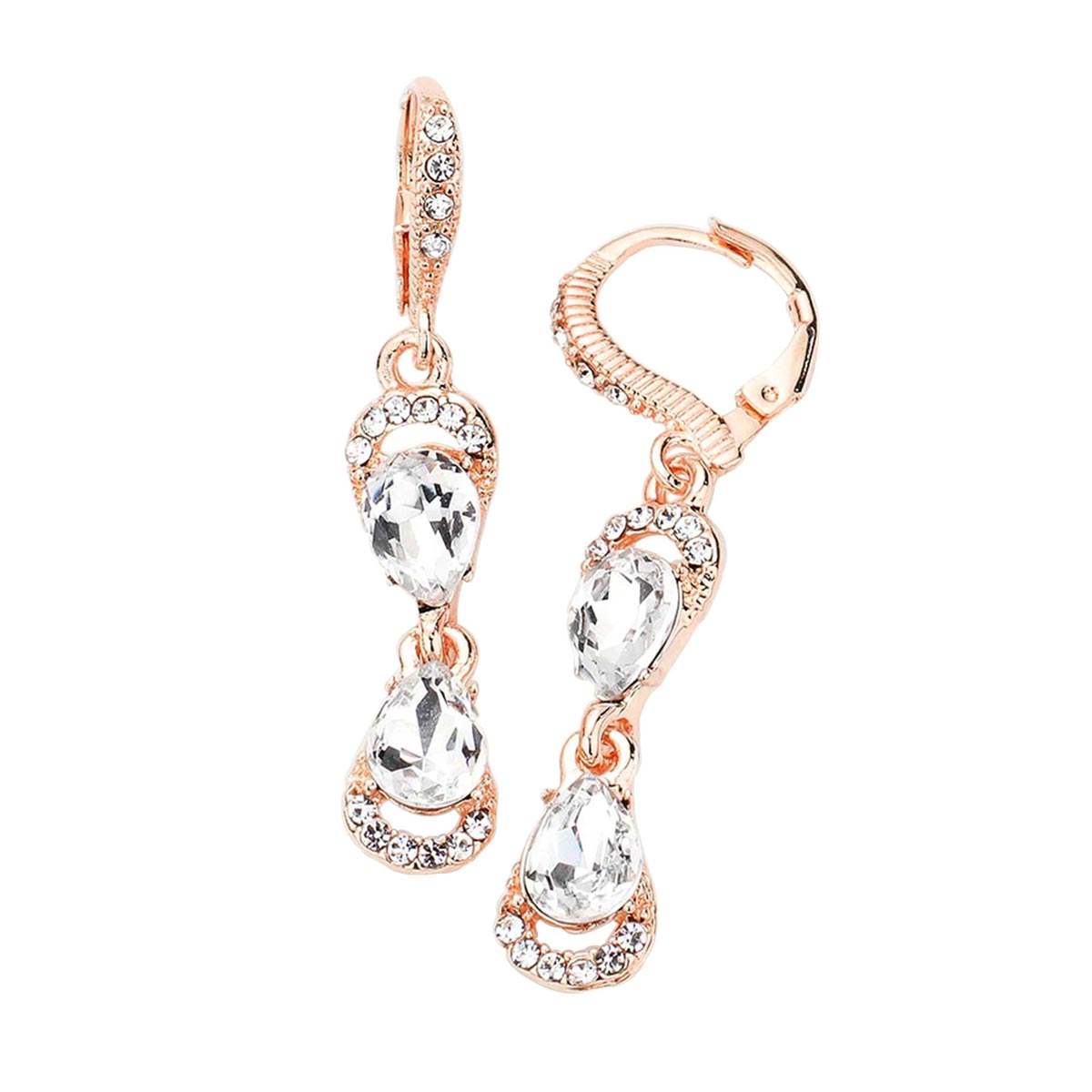 Double Teardrop Stone Link Dangle Lever Back Evening Earrings - Madeline Love - Flyclothing LLC