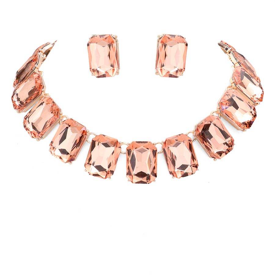 Emerald Cut Stone Link Evening Necklace Earring Set - Madeline Love - Flyclothing LLC