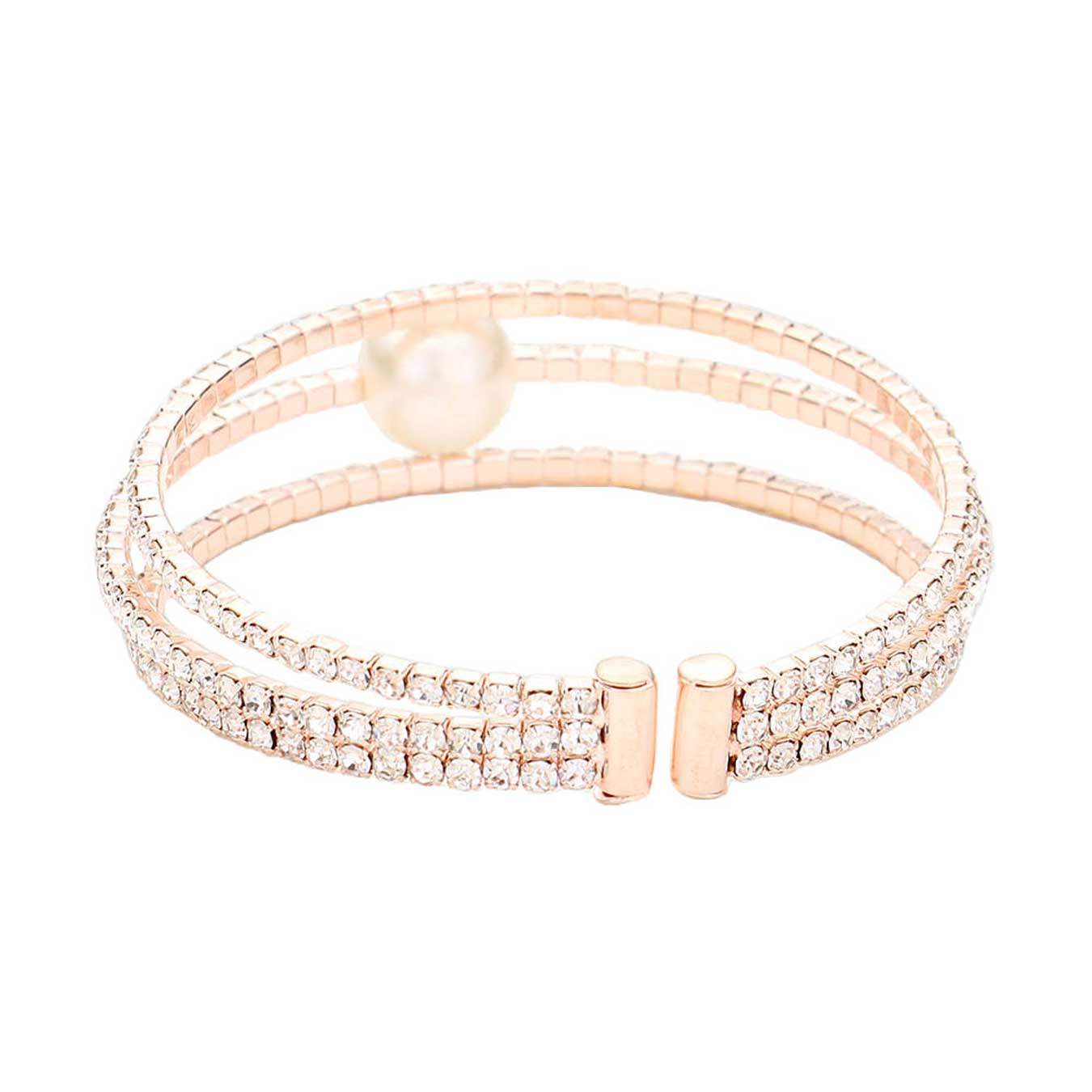 Pearl Accented Split Rhinestone Evening Cuff Bracelet - Madeline Love - Flyclothing LLC