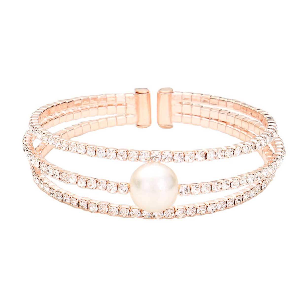 Pearl Accented Split Rhinestone Evening Cuff Bracelet - Madeline Love - Flyclothing LLC