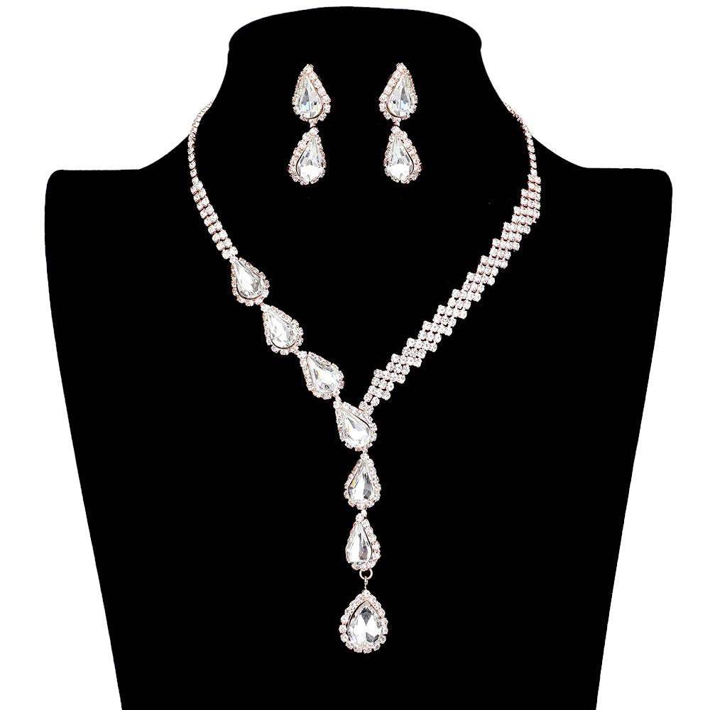 Teardrop Crystal Rhinestone Necklace Earring Set - Madeline Love - Flyclothing LLC