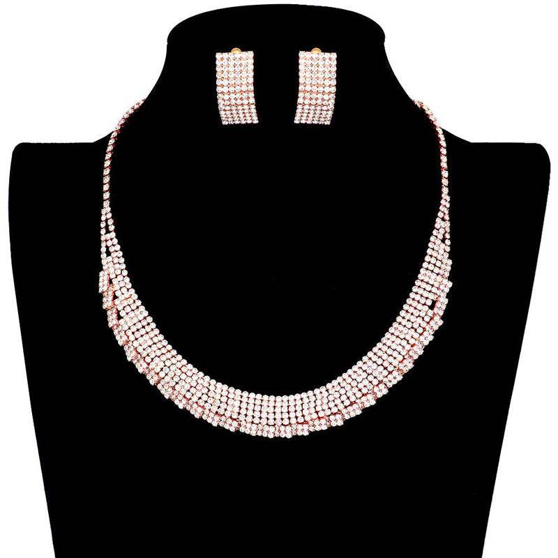 Trendy Crystal Rhinestone Pave Collar Necklace Earring Set - Madeline Love - Flyclothing LLC