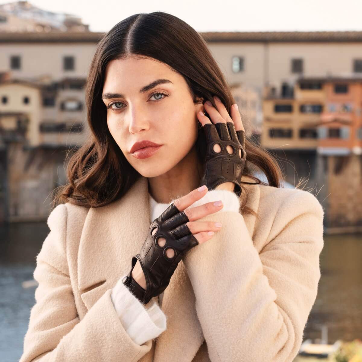 Rossana (dark brown) - Italian fingerless lambskin leather driving gloves - Leather Gloves Online - Flyclothing LLC