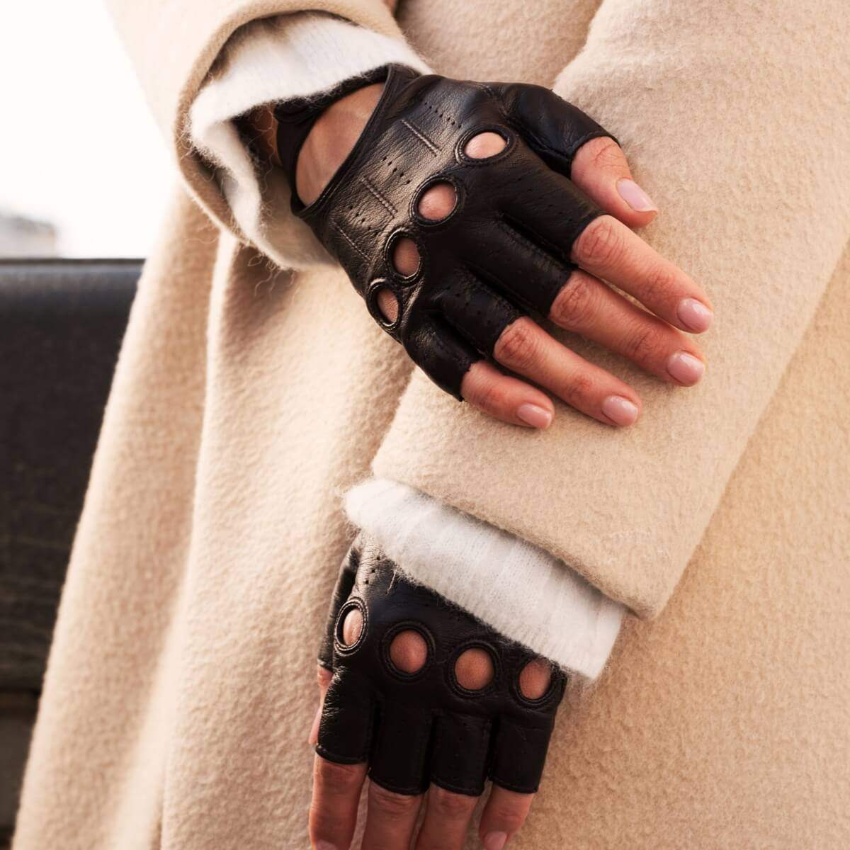 Rossana (dark brown) - Italian fingerless lambskin leather driving gloves - Leather Gloves Online - Flyclothing LLC