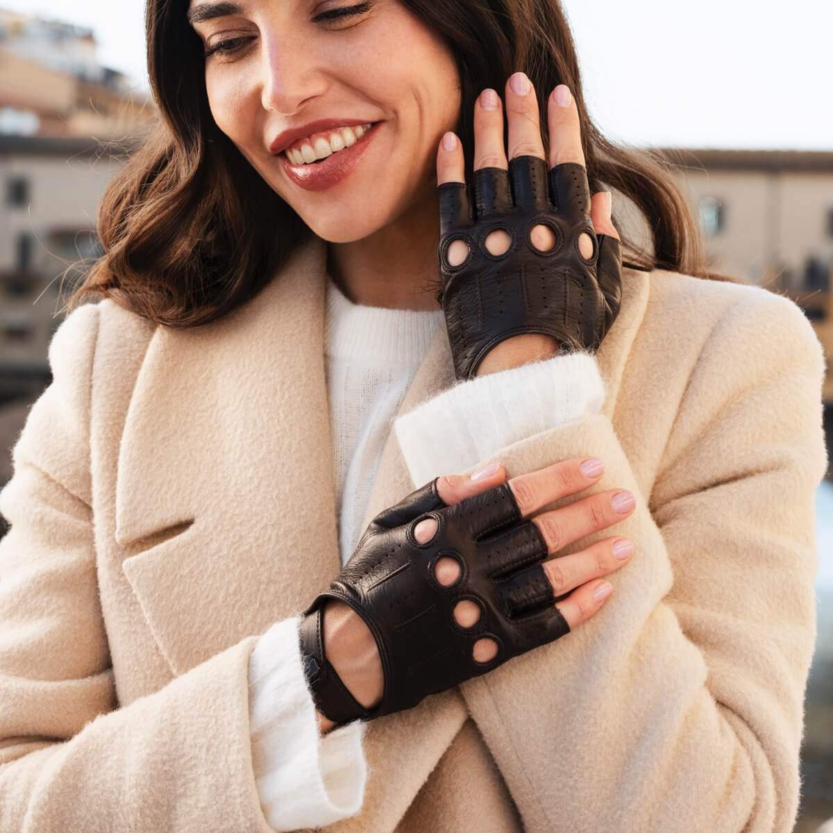 Rossana (dark brown) - Italian fingerless lambskin leather driving gloves - Leather Gloves Online - Flyclothing LLC