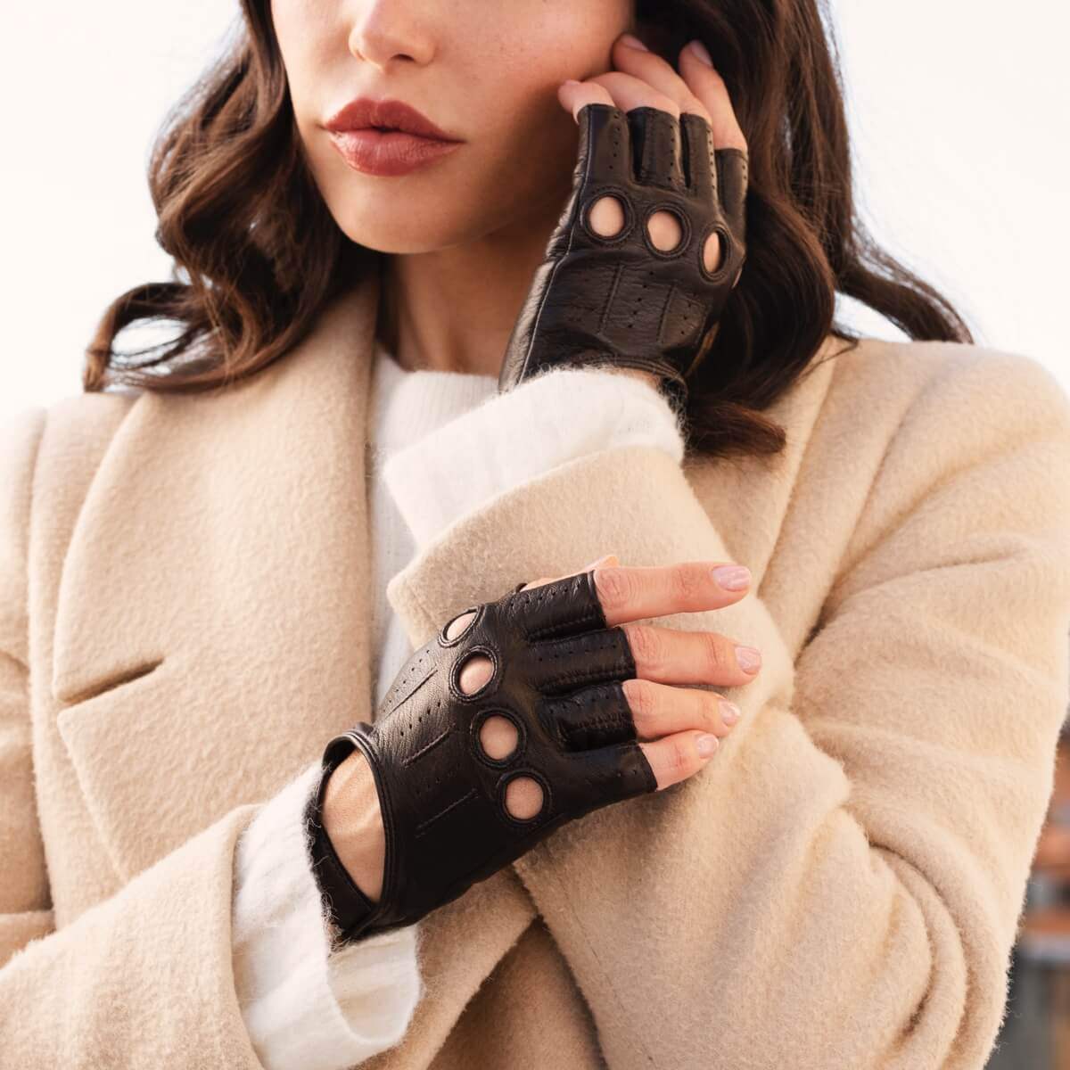 Rossana (dark brown) - Italian fingerless lambskin leather driving gloves - Leather Gloves Online - Flyclothing LLC