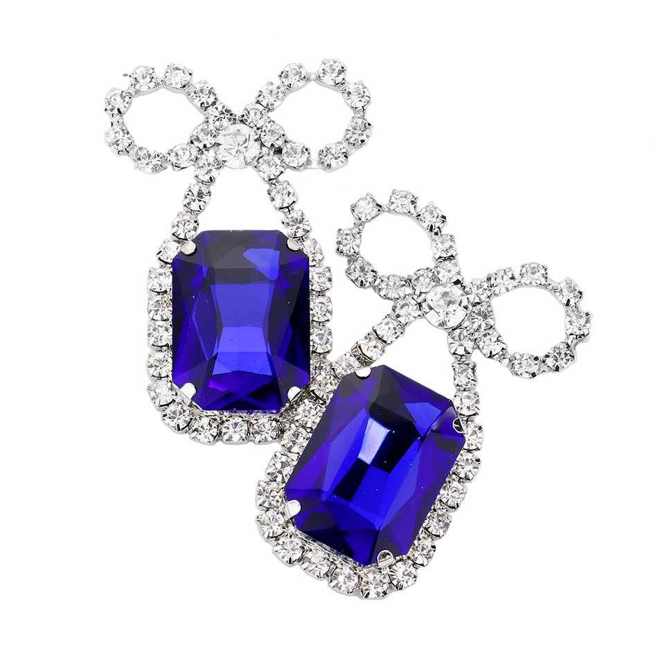 Rhinestone Bow Emerald Cut Stone Evening Earrings - Madeline Love - Flyclothing LLC