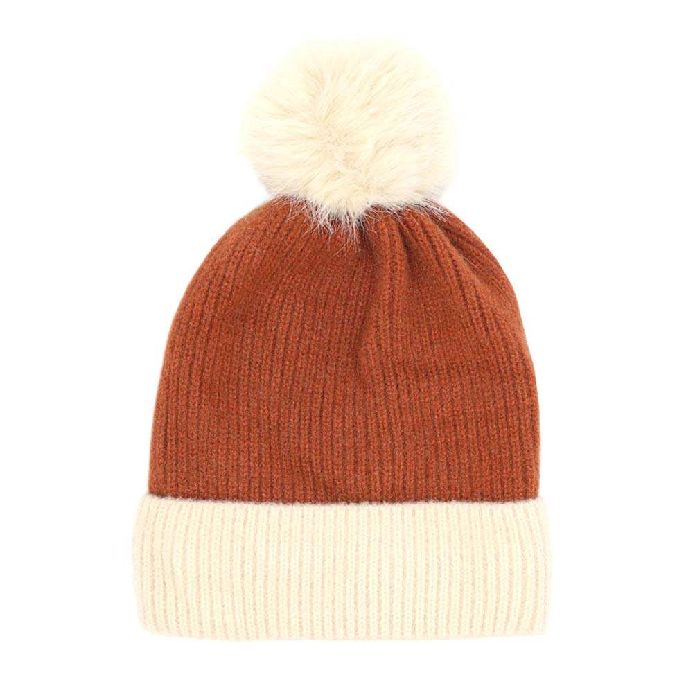 Two Tone Knit Pom Pom Beanie Hat - Madeline Love - Flyclothing LLC