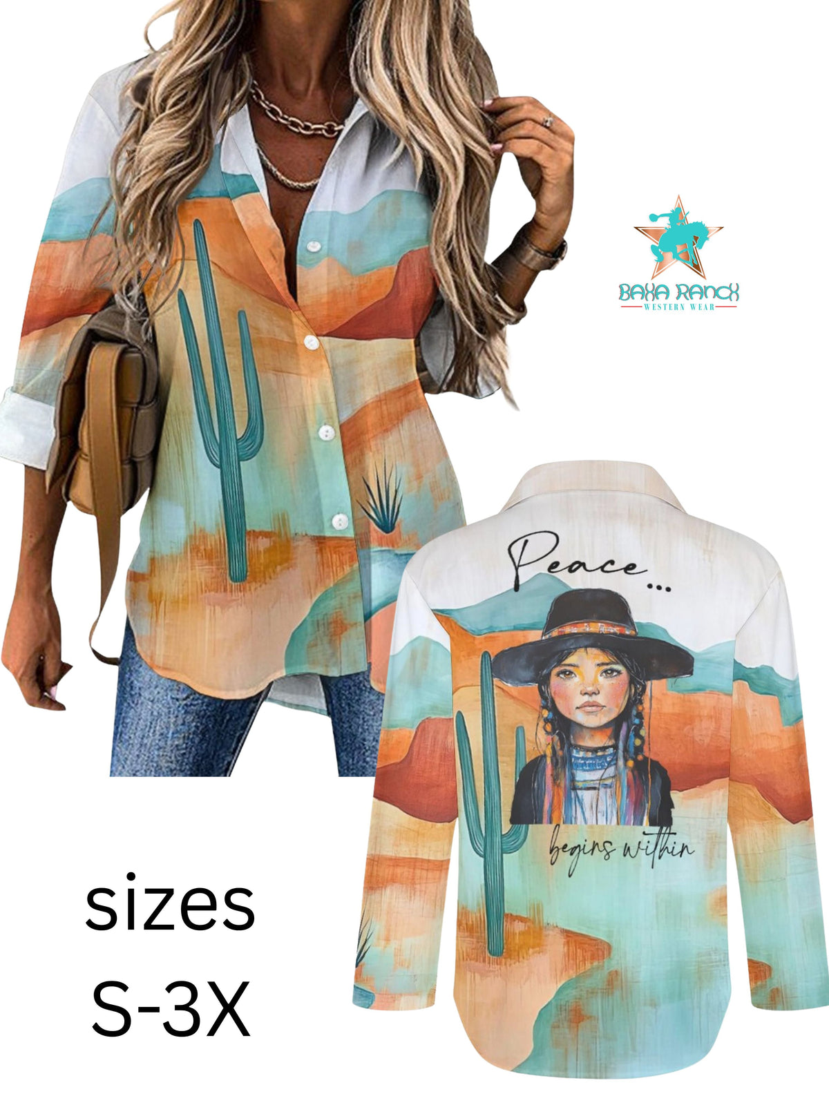 Baha Ranch Peace Within Desert Cactus Button Up Blouse
