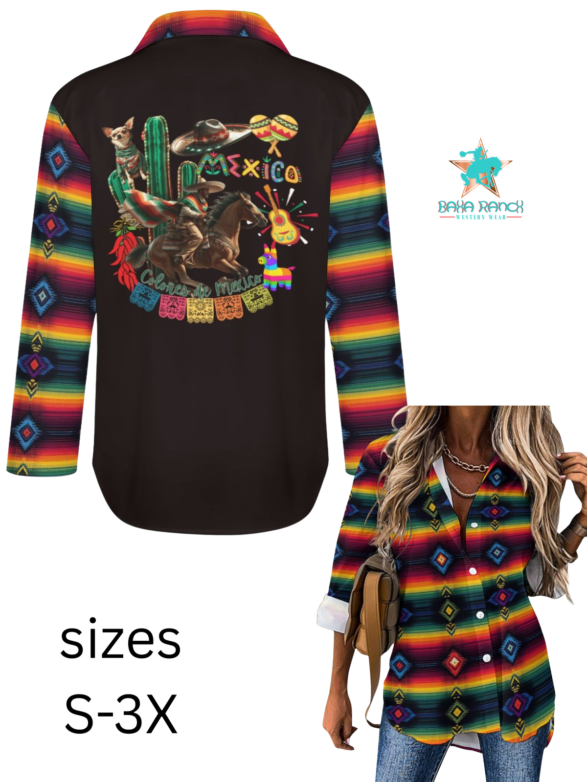 Baha Ranch Colores de Mexico Festival Button Up Blouse