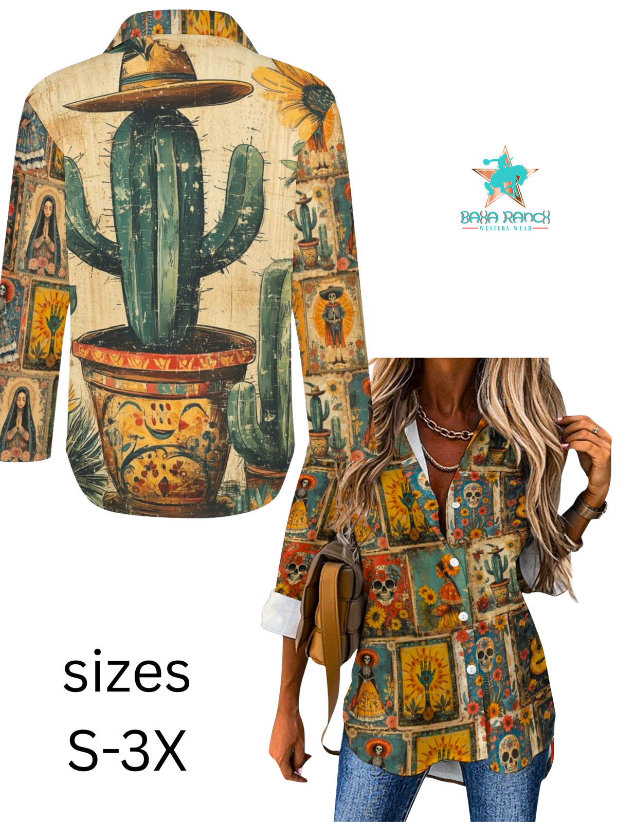 Baha Ranch Colores de Mexico Dia de los Muertos Button Up Blouse