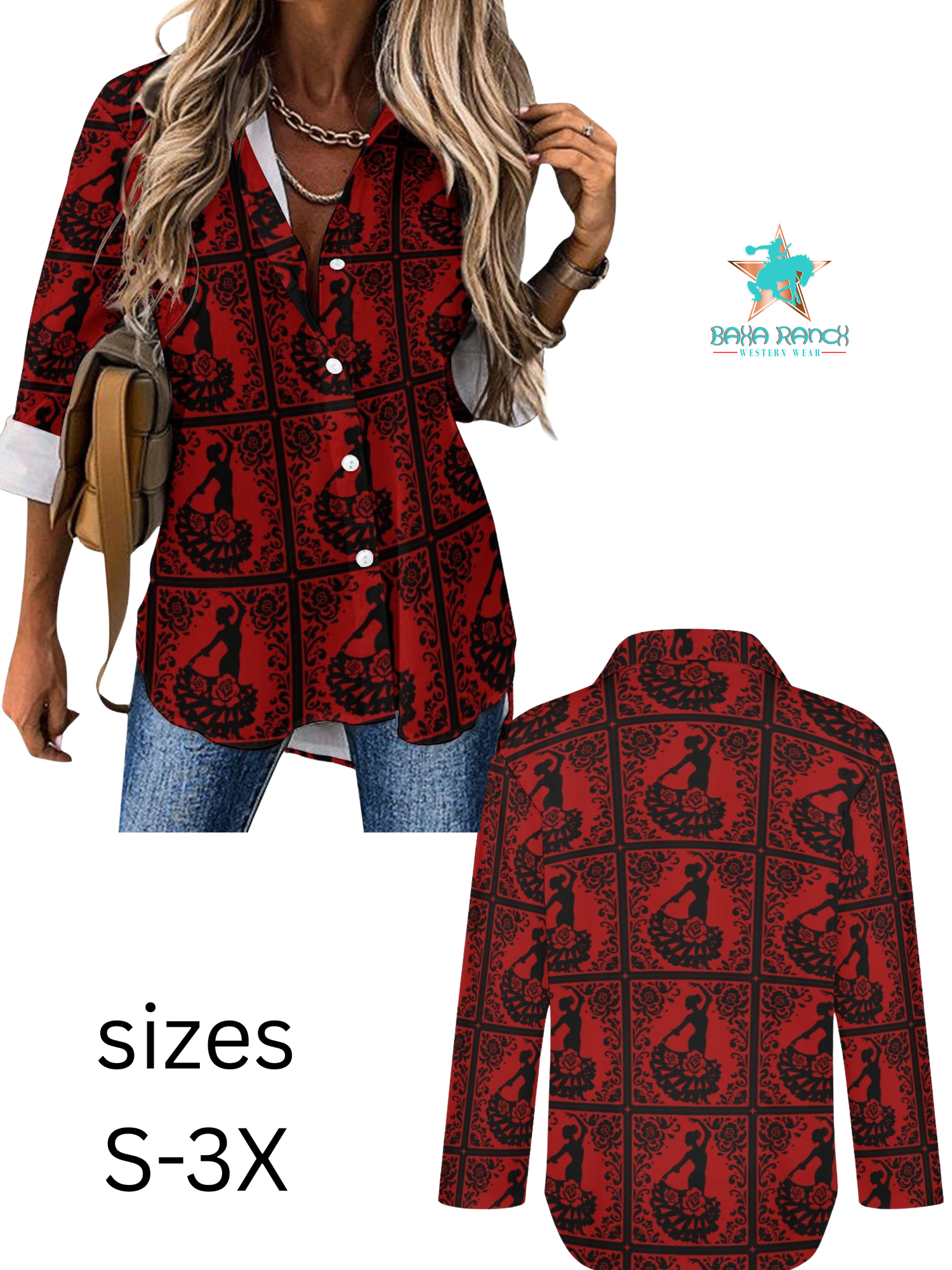 Baha Ranch Colores de Mexico Flamenco Dancer Button Up Shirt