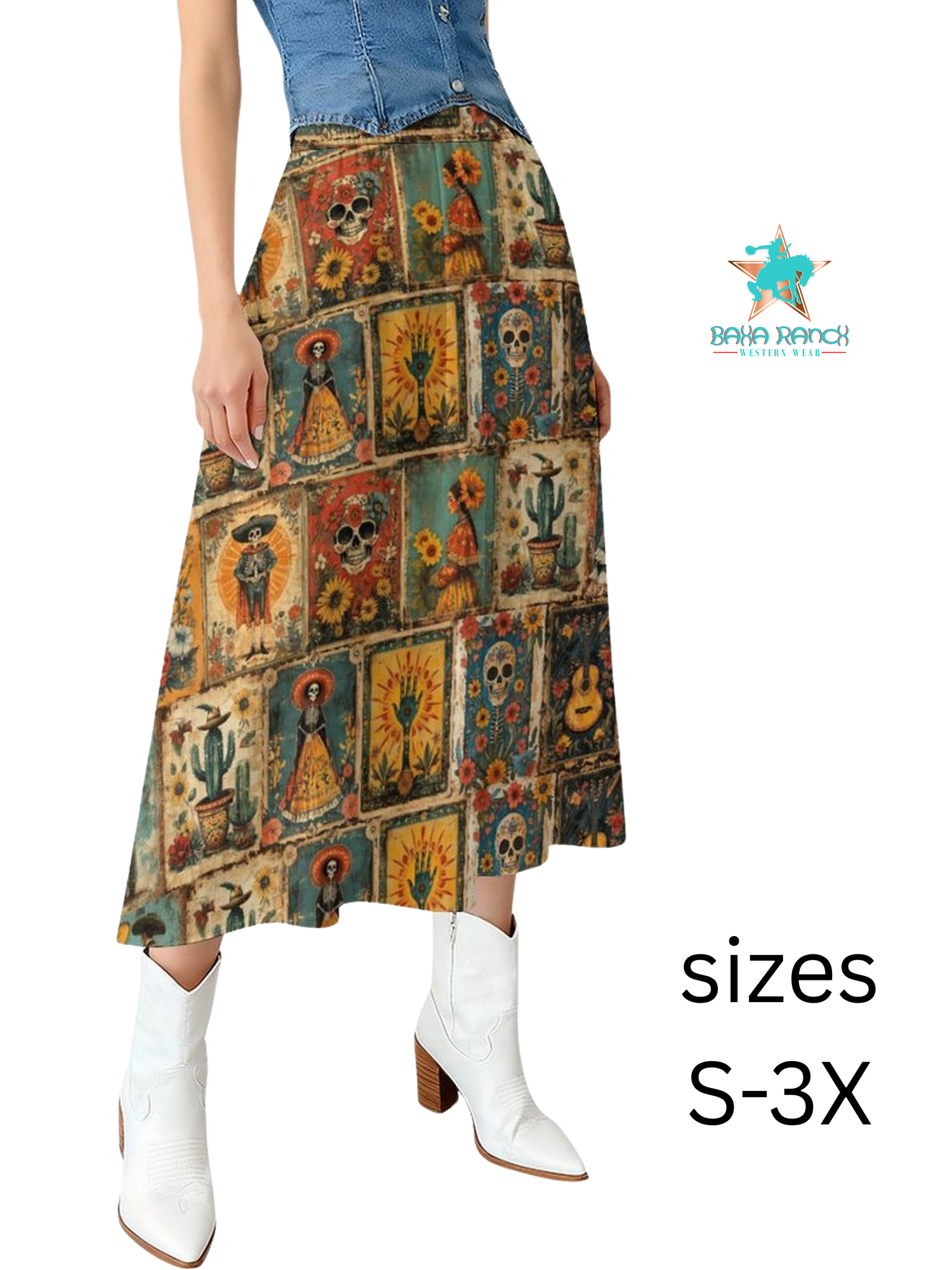Baha Ranch Colores de Mexico Dia de los Muertos Midi Skirt