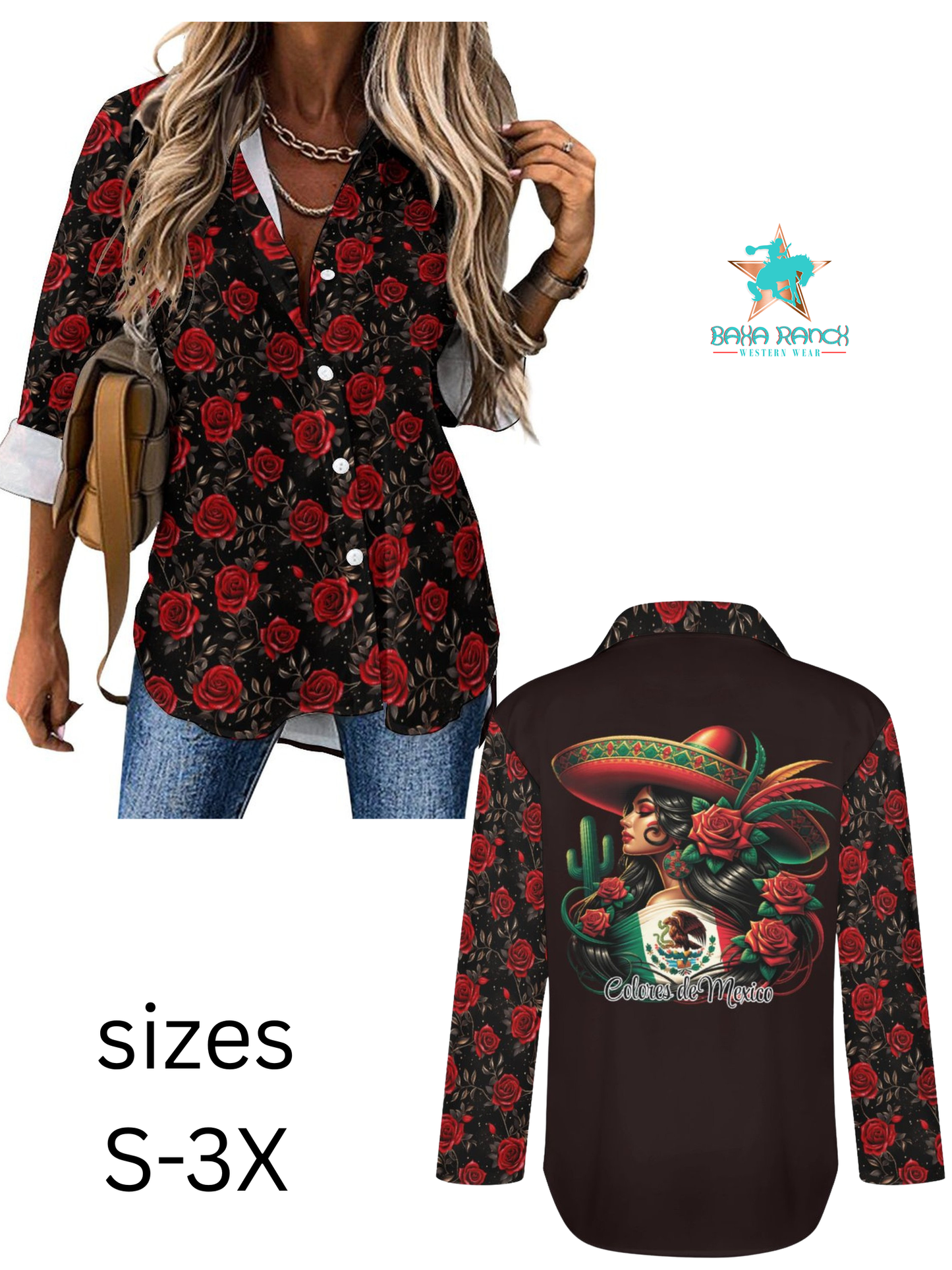 Baha Ranch Colores De Mexico Rose Floral Button Up Blouse