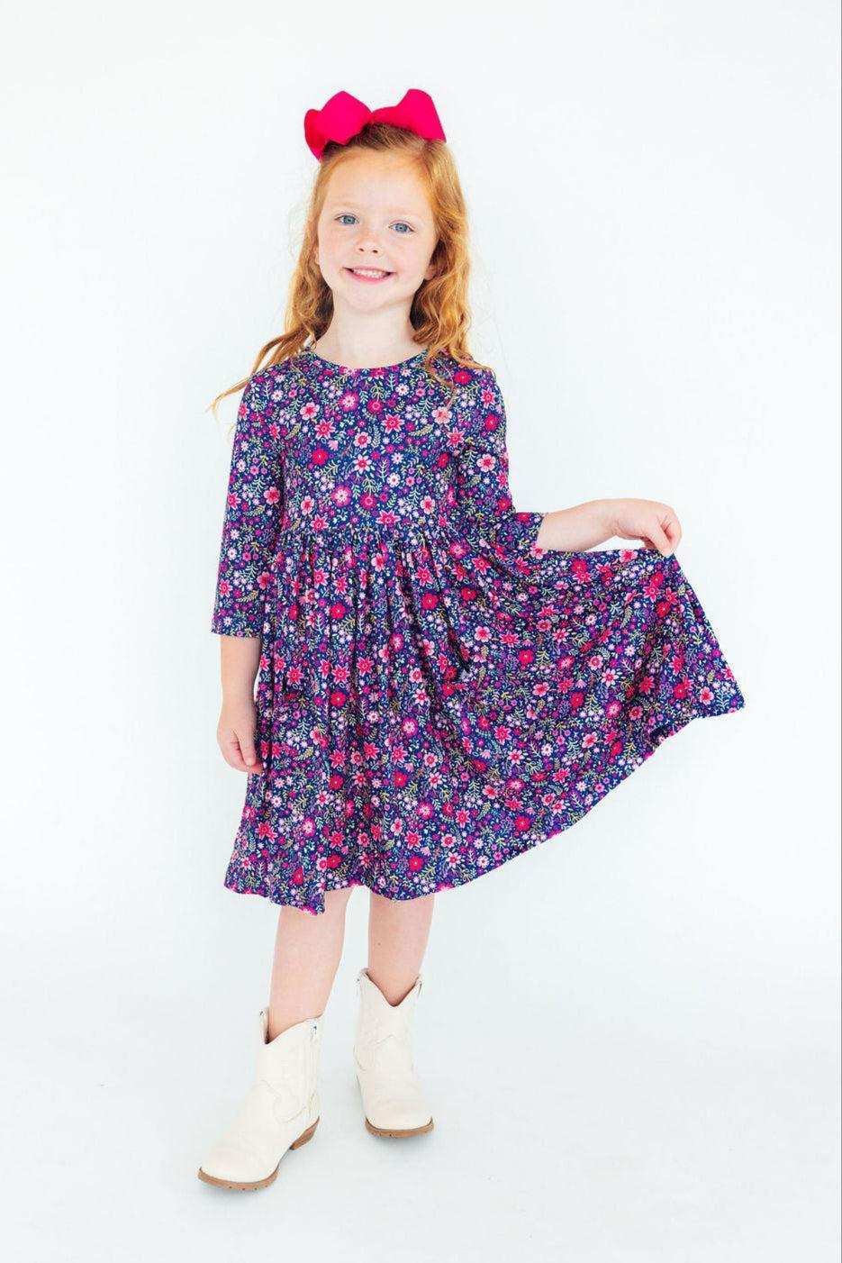 Flower Farm 3/4 Sleeve Pocket Twirl Dress - Mila & Rose ® - Flyclothing LLC