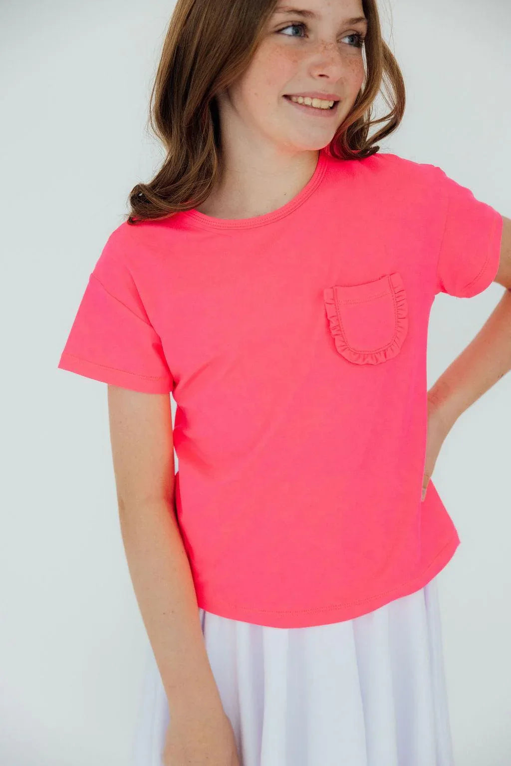 Neon Pink Ruffle Pocket Tee - Mila & Rose ® - Flyclothing LLC