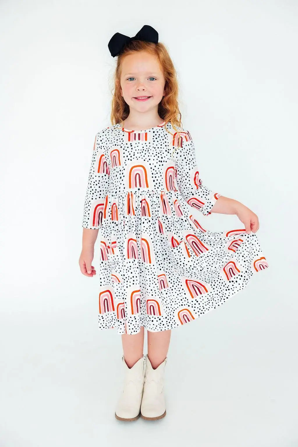 Peach Rainbow 3/4 Sleeve Pocket Twirl Dress - Mila & Rose ® - Flyclothing LLC