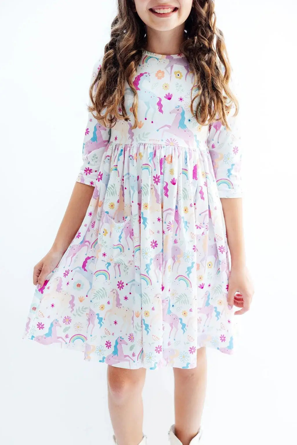 Rainbow Vibes 3/4 Sleeve Pocket Twirl Dress - Mila & Rose ® - Flyclothing LLC