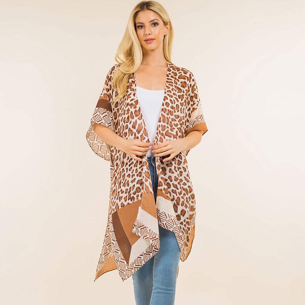 Lightweight Leopard Print Open Front Kimono Poncho - Madeline Love - Flyclothing LLC