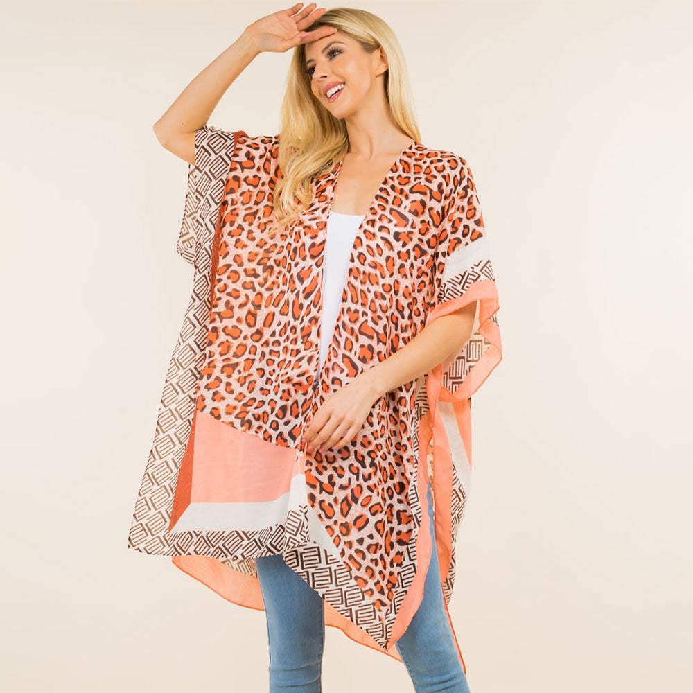 Lightweight Leopard Print Open Front Kimono Poncho - Madeline Love - Flyclothing LLC