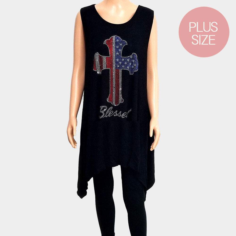 Blessed Cross Crystal Embellished Plus Size Sleeveless Top - Madeline Love - Flyclothing LLC