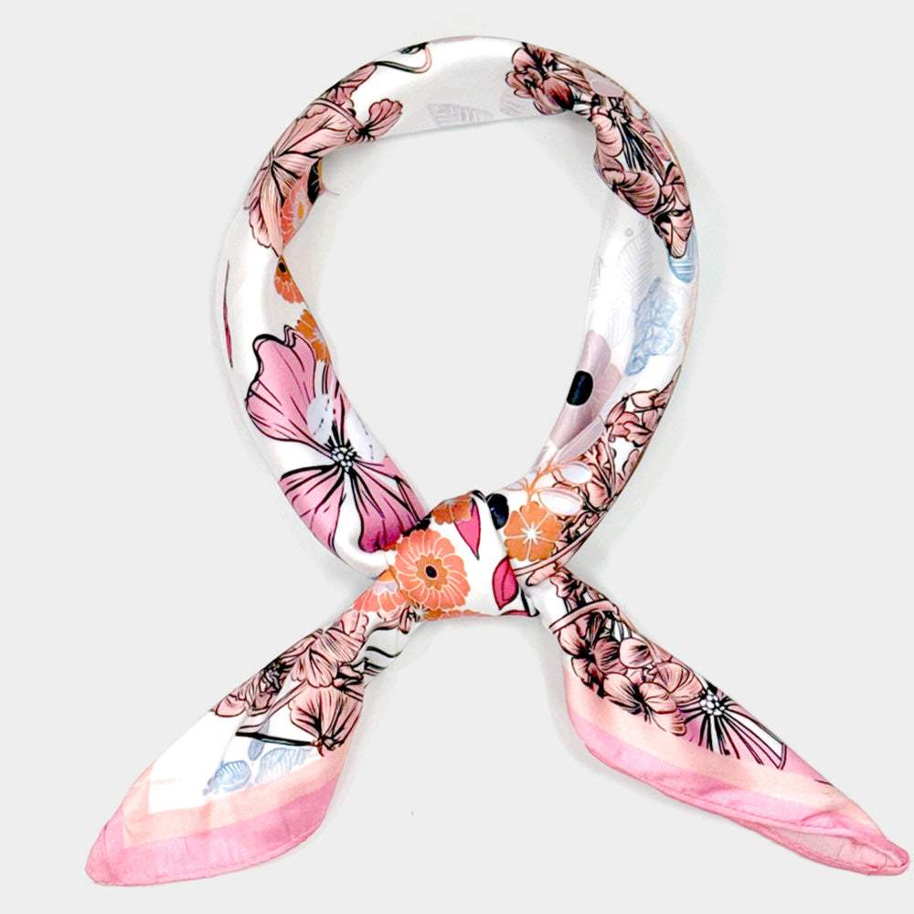 Earthy Floral Garden Printed Square Silky Satin Scarf - Madeline Love - Flyclothing LLC