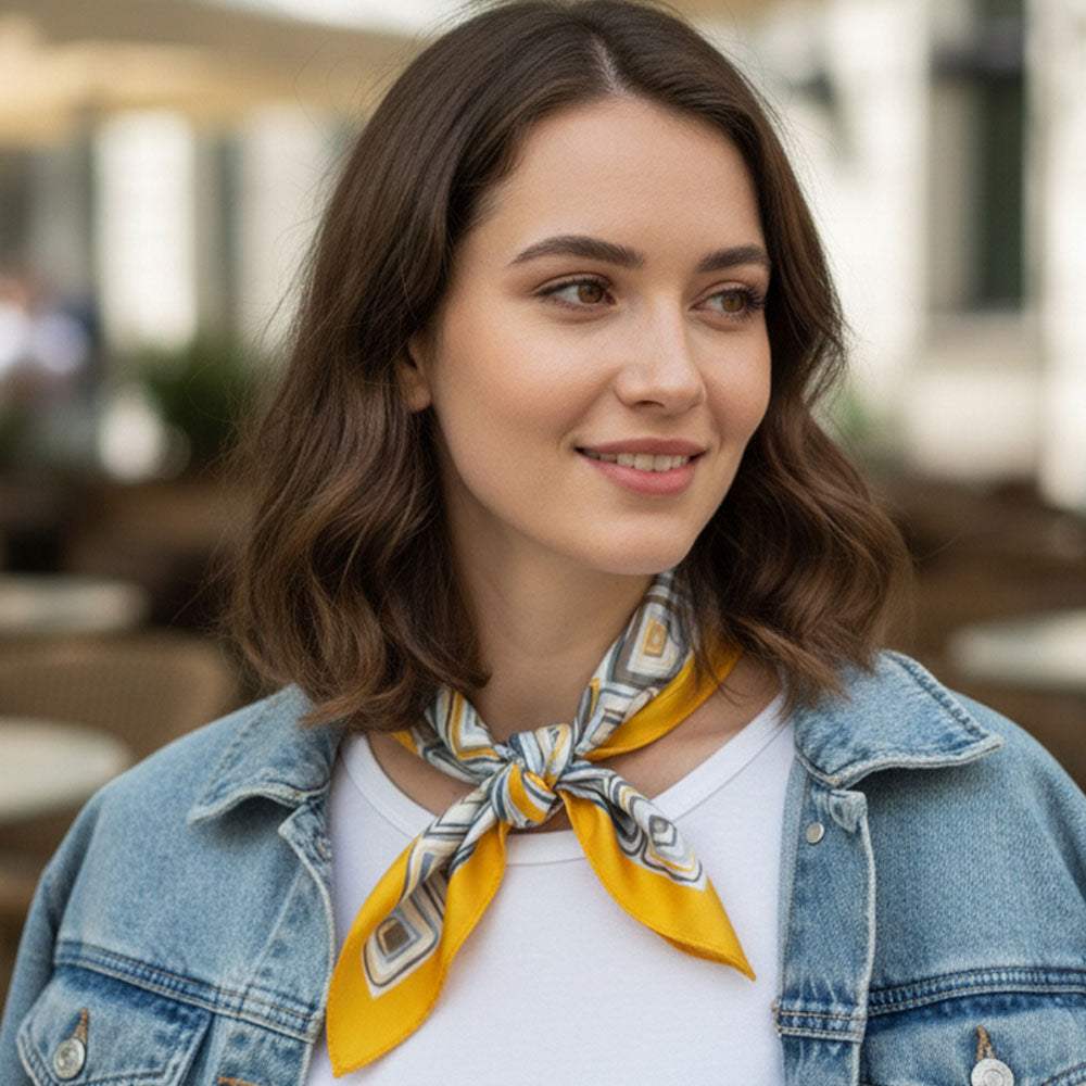 Geometric Pattern Printed Square Silky Satin Bandana Scarf - Madeline Love - Flyclothing LLC