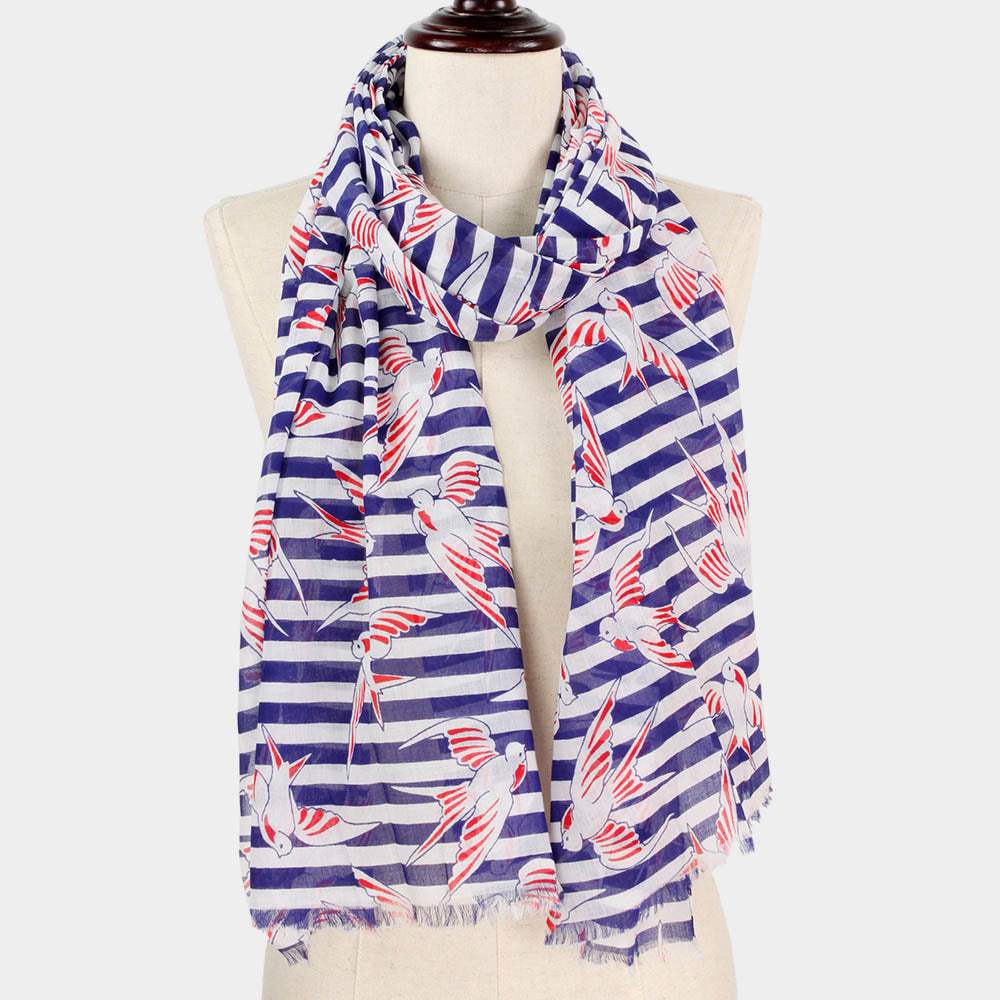 Bird Stripe Print Scarf - Madeline Love - Flyclothing LLC