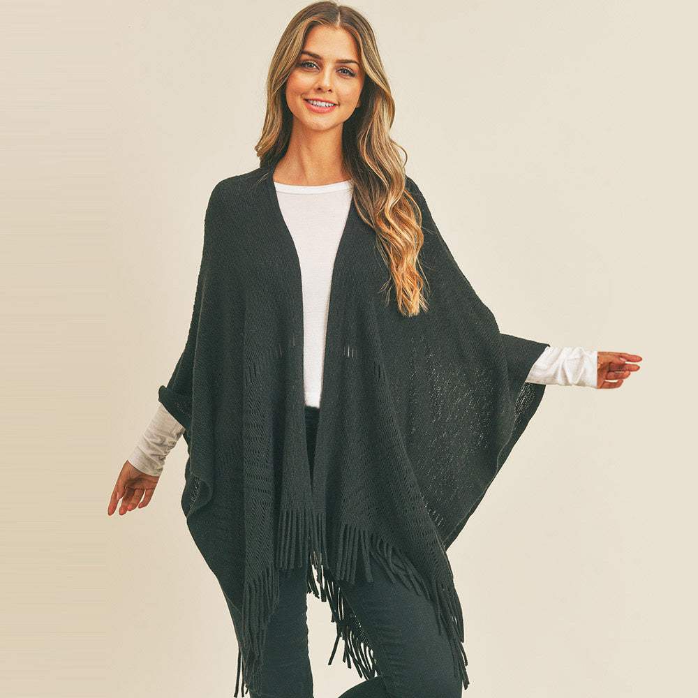 Herringbone Knit Fringe Ruana Poncho - Madeline Love - Flyclothing LLC