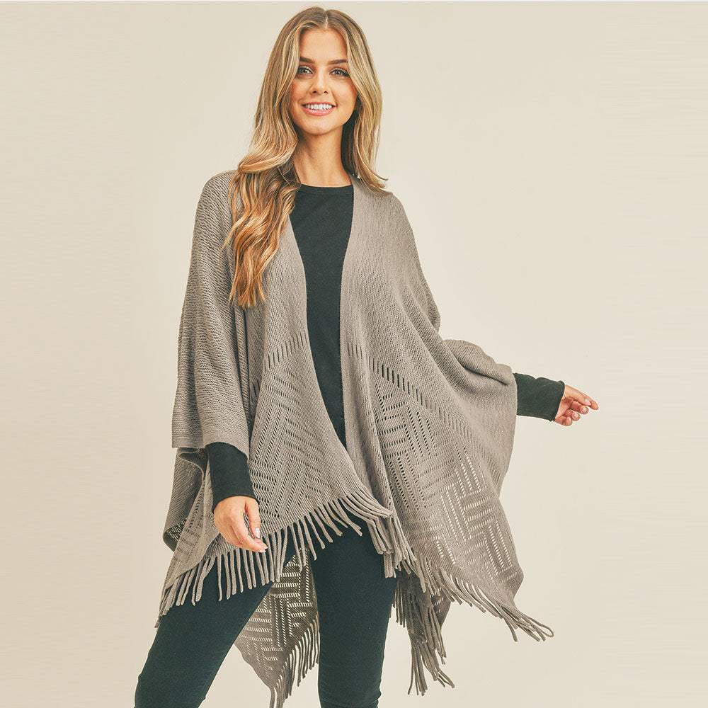 Herringbone Knit Fringe Ruana Poncho - Madeline Love - Flyclothing LLC