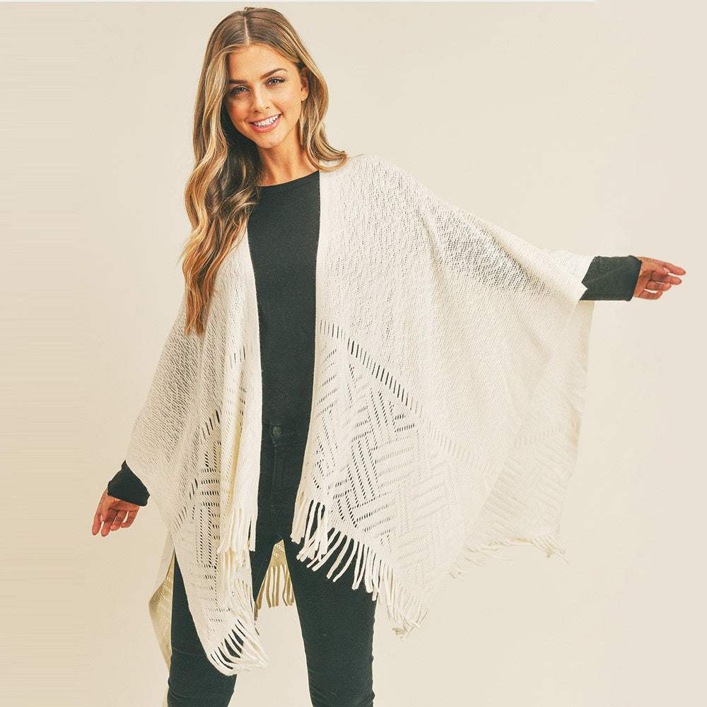 Herringbone Knit Fringe Ruana Poncho - Madeline Love - Flyclothing LLC