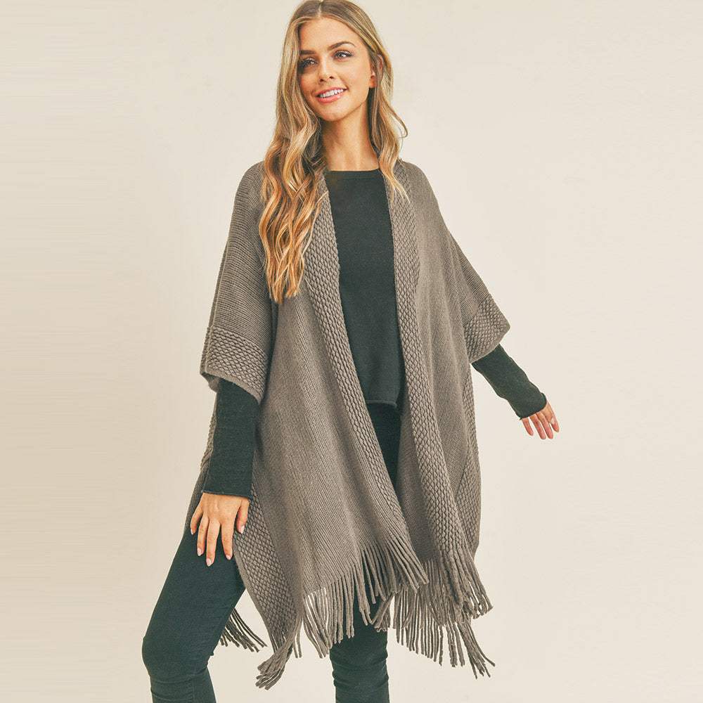 Trim Detail Fringe Kimono Poncho - Madeline Love - Flyclothing LLC