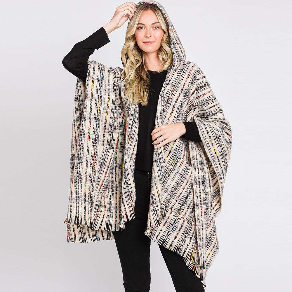Hooded Plaid Check Patterned Front Pockets Fringe Ruana Poncho - Madeline Love - Flyclothing LLC