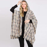 Hooded Plaid Check Patterned Front Pockets Fringe Ruana Poncho - Madeline Love - Flyclothing LLC
