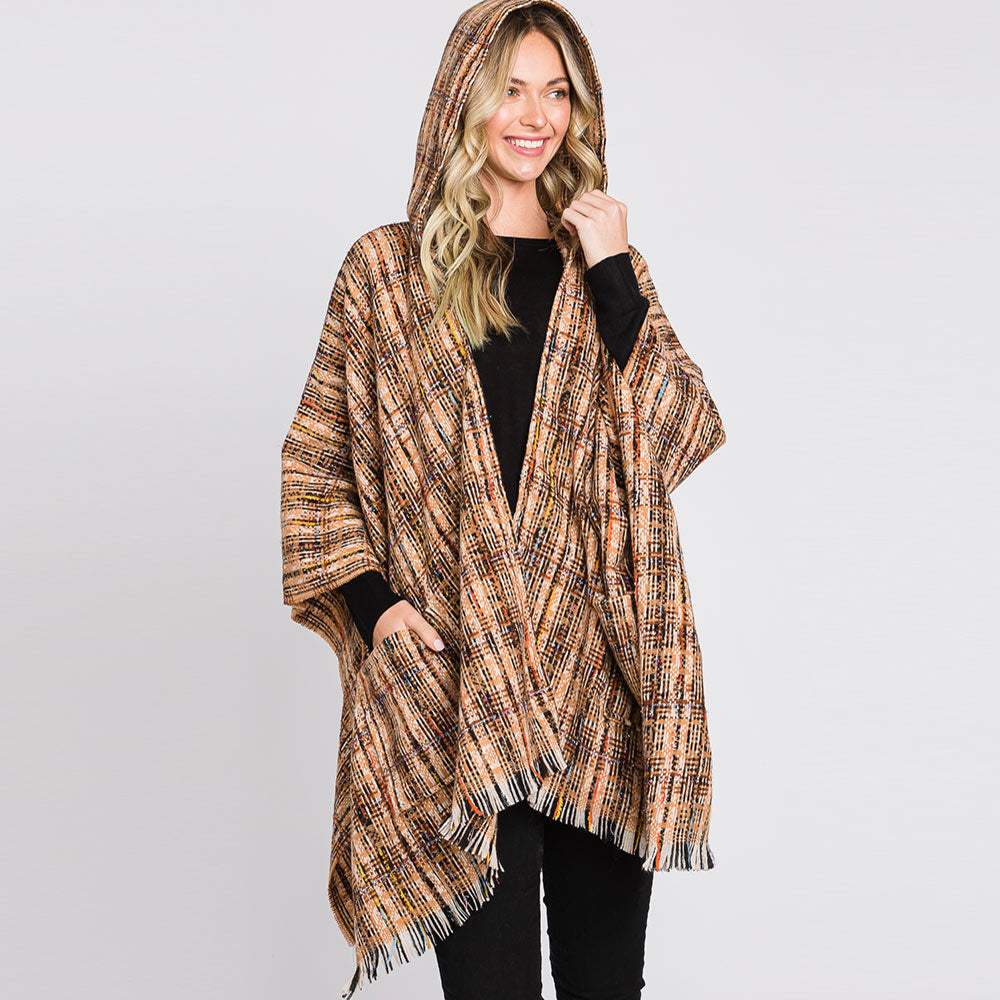 Hooded Plaid Check Patterned Front Pockets Fringe Ruana Poncho - Madeline Love - Flyclothing LLC