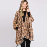 Hooded Plaid Check Patterned Front Pockets Fringe Ruana Poncho - Madeline Love - Flyclothing LLC