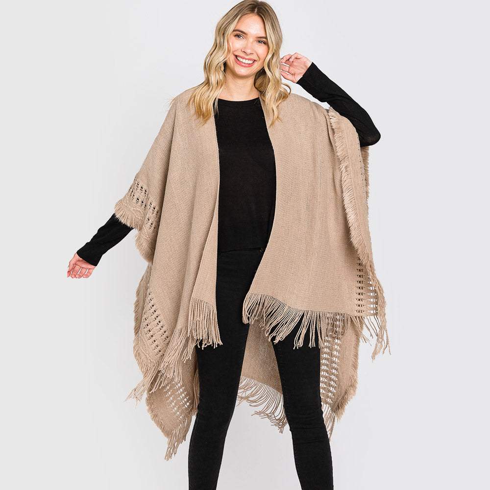 Fringe Cut Out Knit Ruana Poncho - Madeline Love - Flyclothing LLC