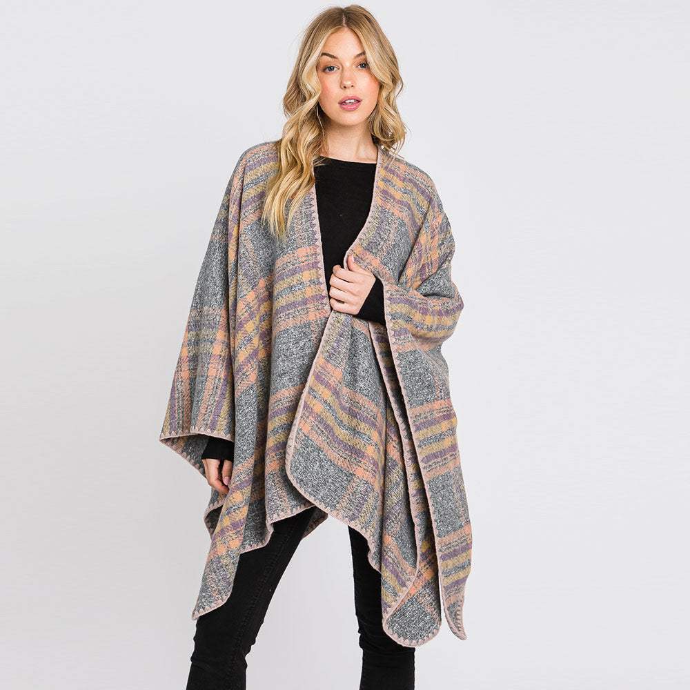 Plaid Check Patterned Ruana Poncho - Madeline Love - Flyclothing LLC