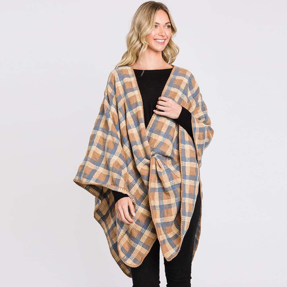 Plaid Check Patterned Ruana Poncho - Madeline Love - Flyclothing LLC