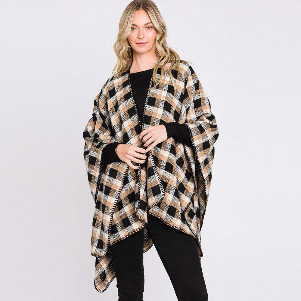 Plaid Check Patterned Ruana Poncho - Madeline Love - Flyclothing LLC