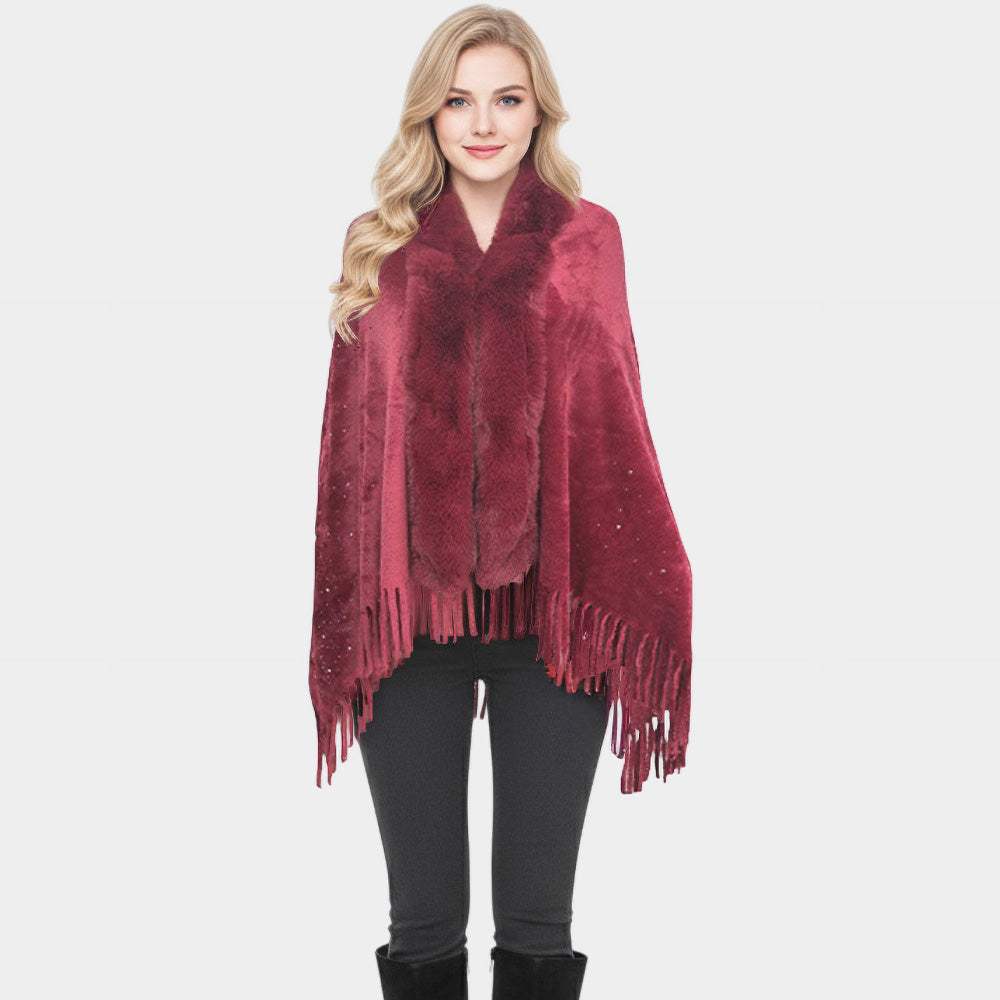 Rhinestone Embellished Fringe Faux Fur Poncho Wrap - Madeline Love - Flyclothing LLC