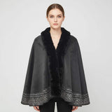 Faux Fur Trim Rhinestone Embellished Hem Poncho Shawl - Madeline Love - Flyclothing LLC