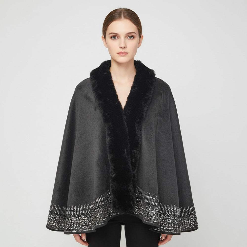 Faux Fur Trim Rhinestone Embellished Hem Poncho Shawl - Madeline Love - Flyclothing LLC