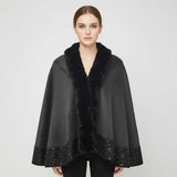 Faux Fur Trim Rhinestone Embellished Hem Poncho Shawl - Madeline Love - Flyclothing LLC