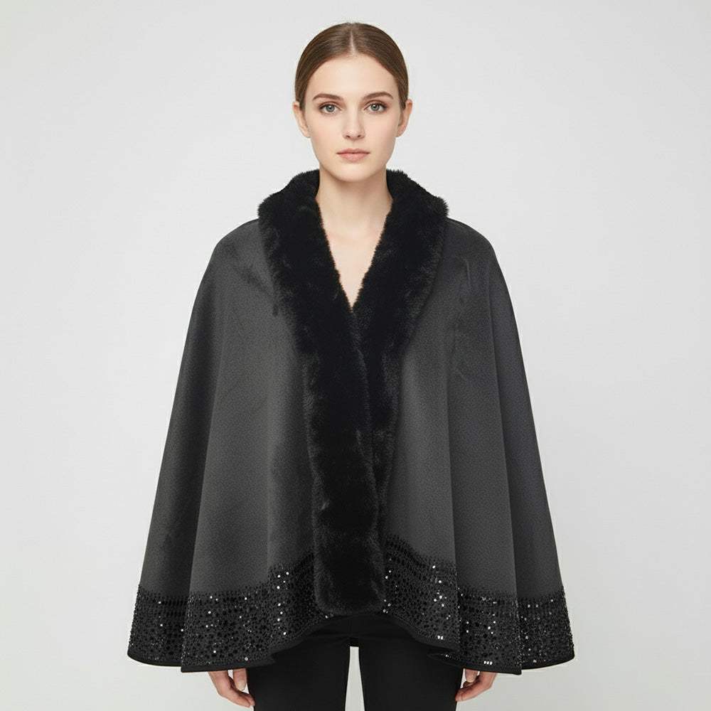 Faux Fur Trim Rhinestone Embellished Hem Poncho Shawl - Madeline Love - Flyclothing LLC