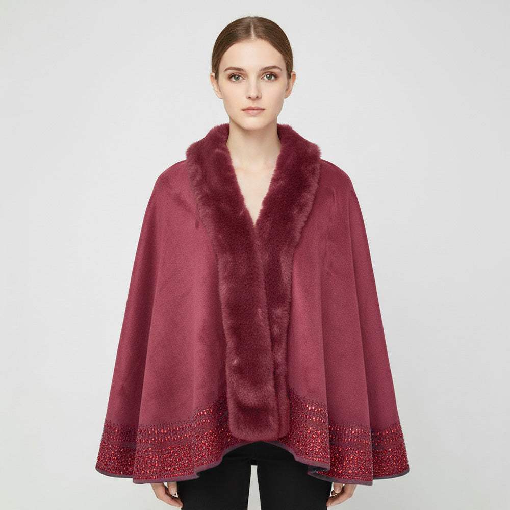 Faux Fur Trim Rhinestone Embellished Hem Poncho Shawl - Madeline Love - Flyclothing LLC