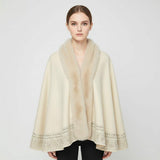 Faux Fur Trim Rhinestone Embellished Hem Poncho Shawl - Madeline Love - Flyclothing LLC